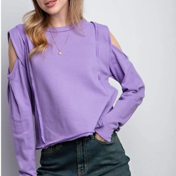 Easel Lavender Cold Shoulder Sweatshirt - Picture 3 of 5